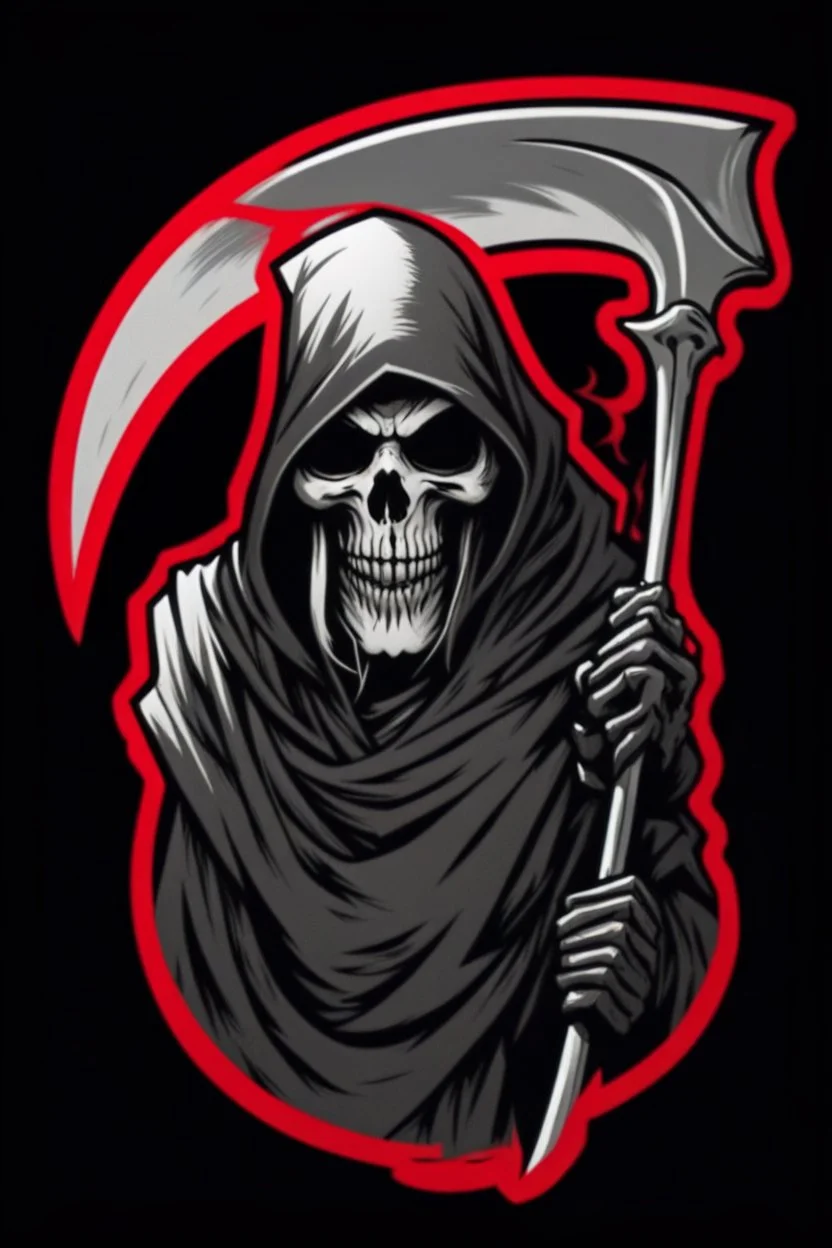 Grim-Reaper gripping scythe, vignette, black and white graphic novel style with a red outline, and black background, biker style