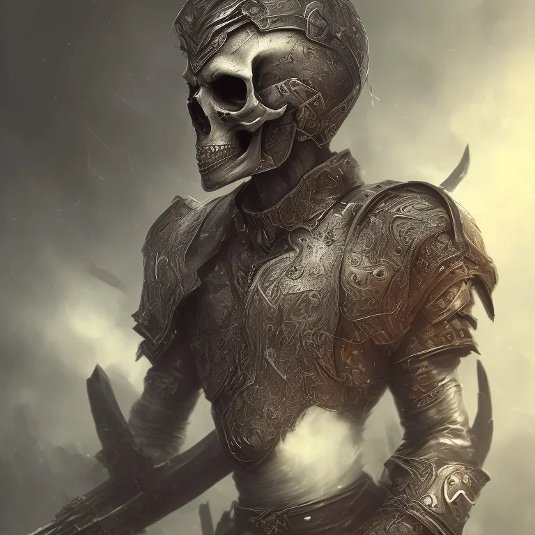 Skull headed warrior, battle scars, still standing, rage, armor, foggy, electric sword, pride, honor, scary, detailed, 4K, HD, Center line