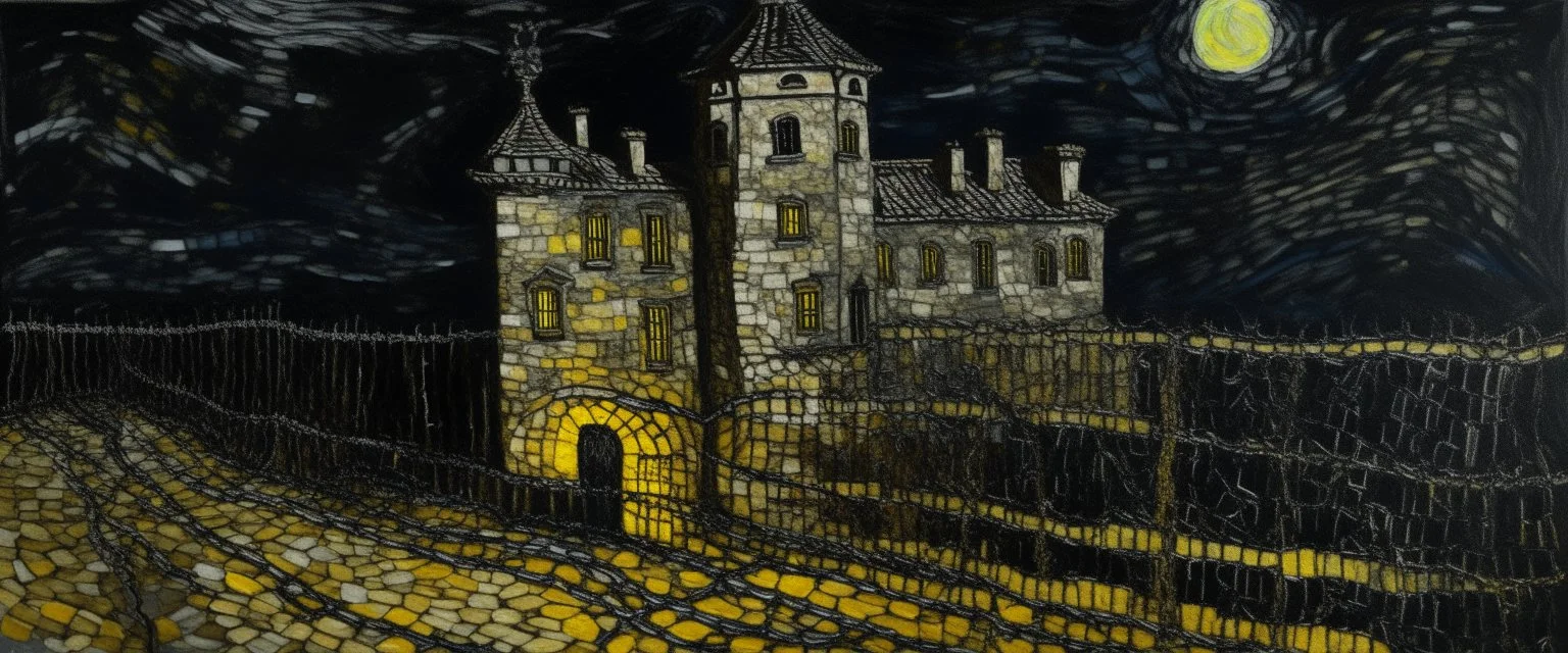 A brownish black chateau with a prison with chains at night painted by Vincent van Gogh