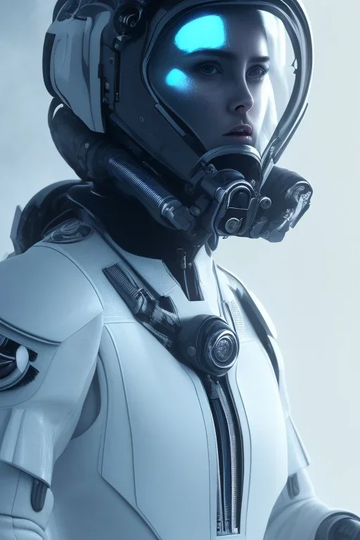 Ana de Armas, identical features, Black intergalactic pilot suit, portrait, bright white eyes, wearing high tech pilot breathing mask, beautiful face, white smoke, dark, rage, sorrow, high definition, ultra 8 k, volumetric lighting, blue fire, fog