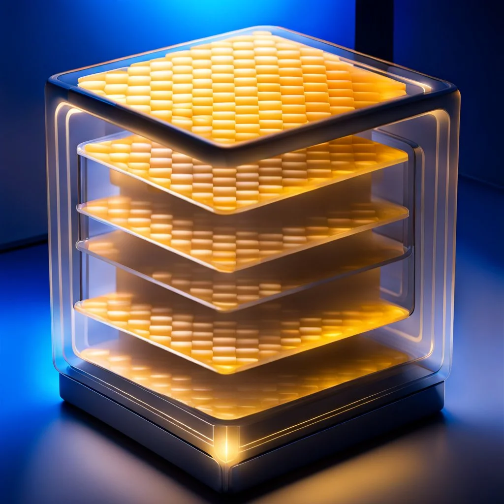 a futuristic translucent neurocube, inside the cube there are partitions made of honeycomb plates