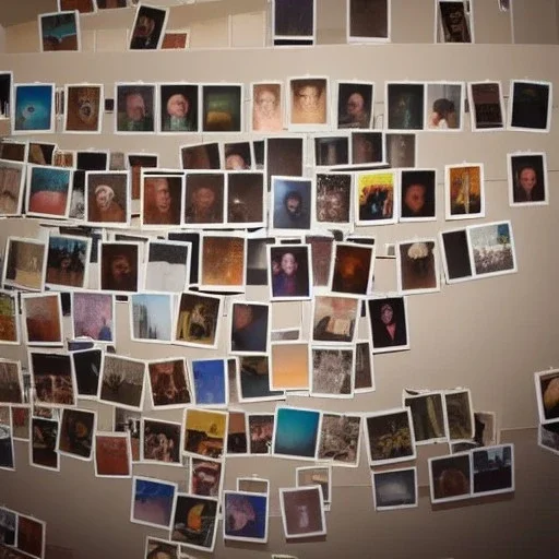 Room filled with Polaroid pictures stacked from ground to roof