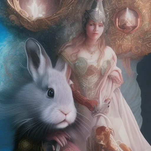 fantasy magic, sharp focus, illustration, highly detailed, digital painting, concept art, art germ and Paul Lewin and Kehinde Wiley, masterpiece silver slolo rabbit, dark blue aye