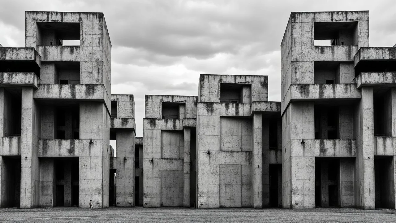 Fotografía arquitectónica en blanco y negro al estilo de Bernd y Hilla Becher: un conjunto de torres brutalistas de hormigón visto, idénticas y repetidas, bajo un cielo plomizo, con pasarelas elevadas y ventanas profundas. Enfatiza la textura rugosa del cemento, las sombras duras y la simetría opresiva, incluyendo una figura humana diminuta para dar escala y soledad.
