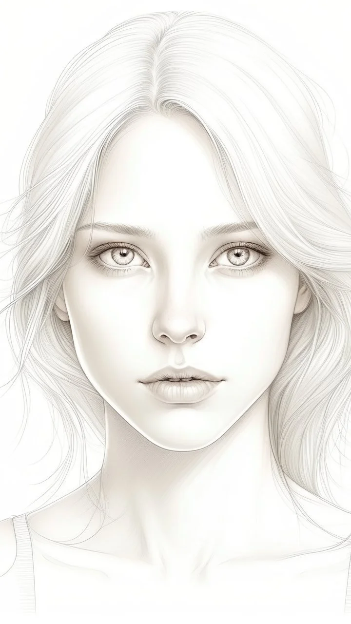 A beautiful face of woman all white skin, white eyes, white hair on a white background, pencil drawing style