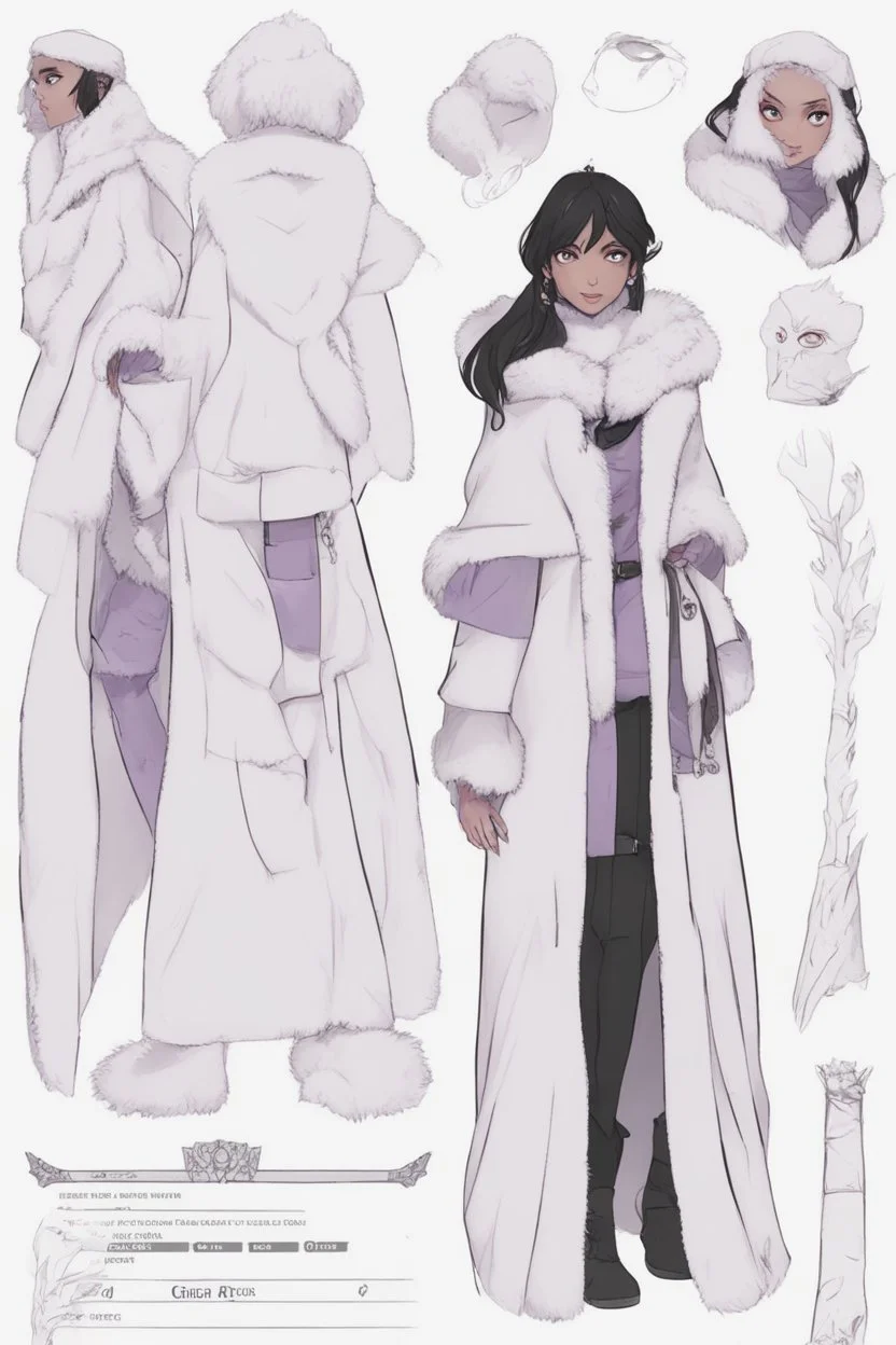 A dnd character sheet. A woman dressed for the cold north, with black hair and lilac eyes. She is dressed in white and black furs.