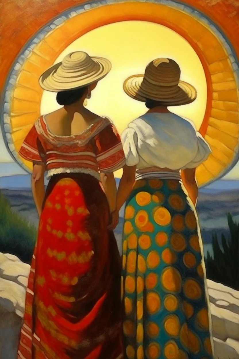 2 mexican woman painting neoclassism standing from the back whole body zoom out looking at the sun