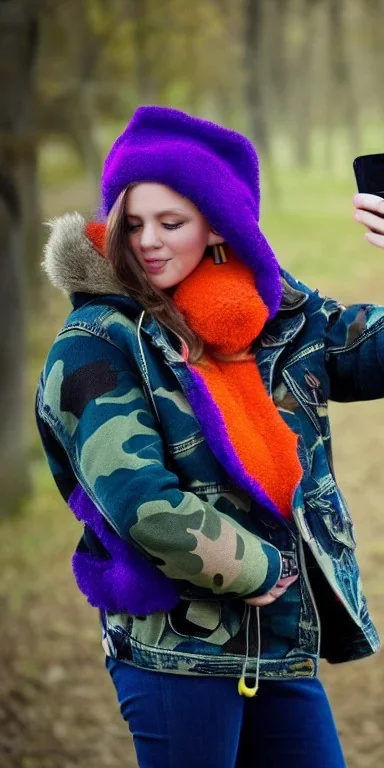 Brunette taking selfie.thick thighs,thick calves,flat belly,curvy fell. big head. Mantle is sewed of upcycled Denim and sewed together of camouflage pieces. Pieces' color are orange, cream and purple. It is with big bright purple felt tippet and birght-colored-hood is merged with colorful beanie. Big colored headphones (gold rings!) is merged with small felt cap with small visor. Style: Haute Couture in 1950's Africa, N.Y.C fashion in 2023