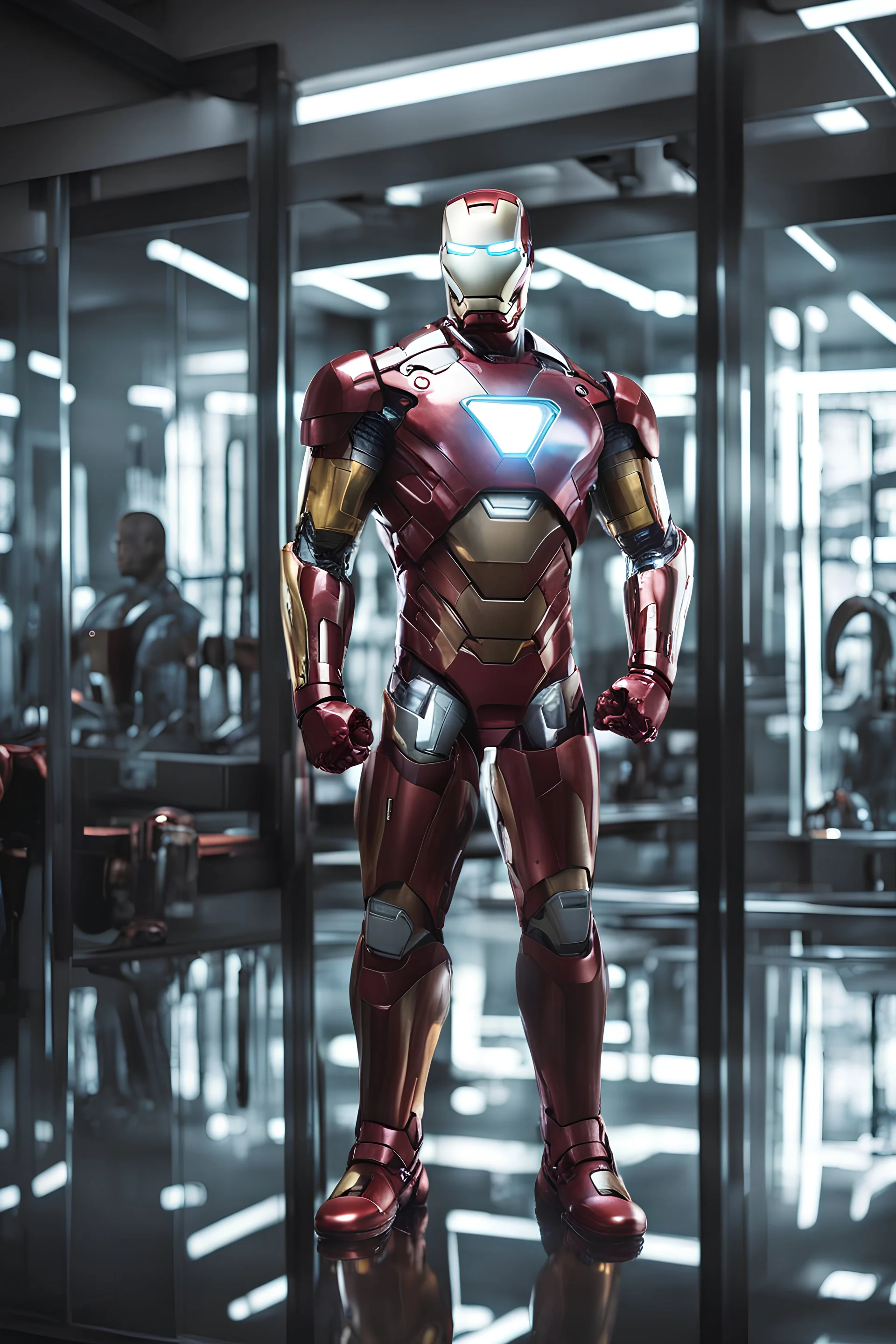 iron man look at the reflection of the technology gym mirror