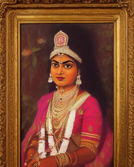 a full vintage portrait of an Indian queen with roses in her hand, detailed, sharp, oil painted, absolute colours,art