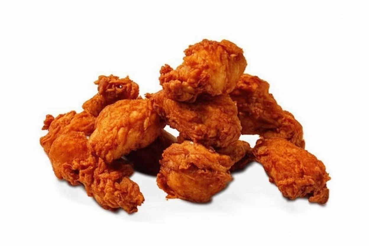 A cinematic shot of a full plate of Southern fried chicken wings. The wings are golden brown and crispy, with a few stacked on top of each other and the rest scattered across the plate. The background is a plain white surface. The lighting is warm and inviting.