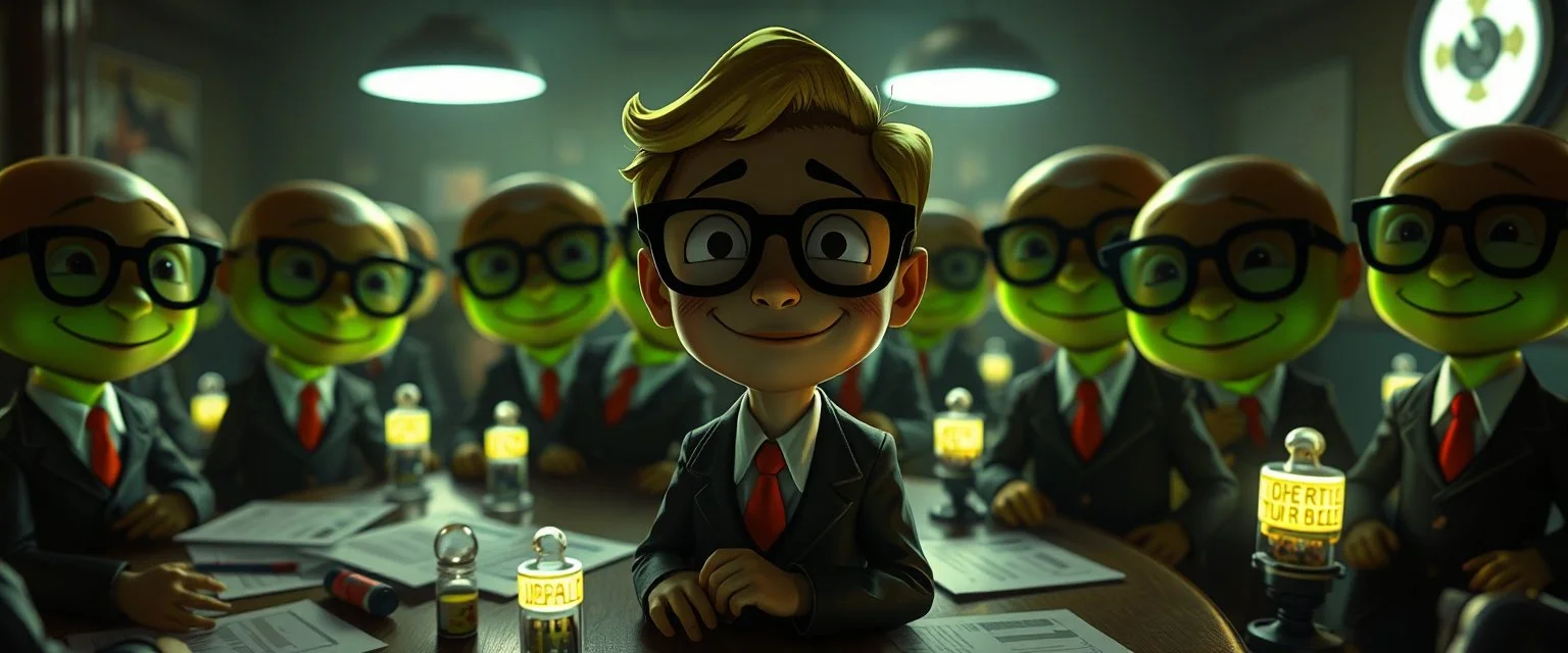in the style of fallout 4, A close up portrait of one person in group of glowing, cartoonish uranium creatures in a dimly lit boardroom, wearing tiny suits and glasses, with playful but slightly mischievous expressions. Their bodies emit a soft greenish glow. The room is filled with scattered papers, glowing vials, and miniature nuclear reactors. Style: whimsical digital illustration, cinematic lighting, colorful, slightly exaggerated features, playful yet mysterious atmosphere.