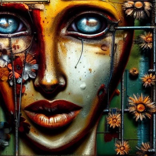 an abstract painting oil in canvas of rusted metal and flowers of beautiful female Robot, rust, scaffolding, iron cladding, decay, mixed media, textured, anatomically correct, beautiful perfect face,beautiful perfect sad eyes, sharp focus, highly detailed, masterpiece, realistic, intricate detail, sci-fi fantasy style, volumetric lighting, particles, highly detailed ,cinamatic , deep colours, 8k, by Caravaggio , signed YAK