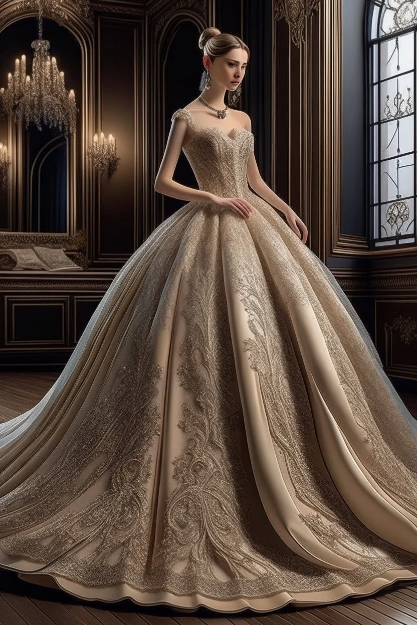 Imagine a stunning and opulent ball gown-style wedding dress fit for a fairytale princess. Envision a voluminous skirt with multiple layers of luxurious fabric, creating a dramatic and majestic silhouette. The bodice should be intricately adorned with lace, beading, or embroidery, providing a touch of romance and sophistication. Consider incorporating a sweetheart neckline and perhaps off-the-shoulder sleeves for an added touch of elegance. Describe the details of the back, whether it features a