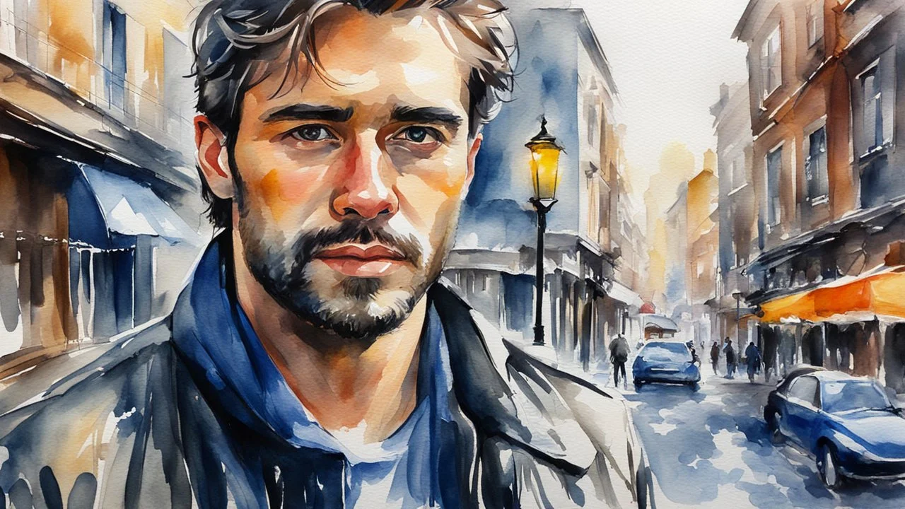 watercolor, portrait of a man in the city, impressionism, alcohol oil painting depicting a city, 32k resolution, hyper-detailed, fine details, fine rendering, airbrush strokes, 8k resolution concept art, hyper-detailed, complex detail