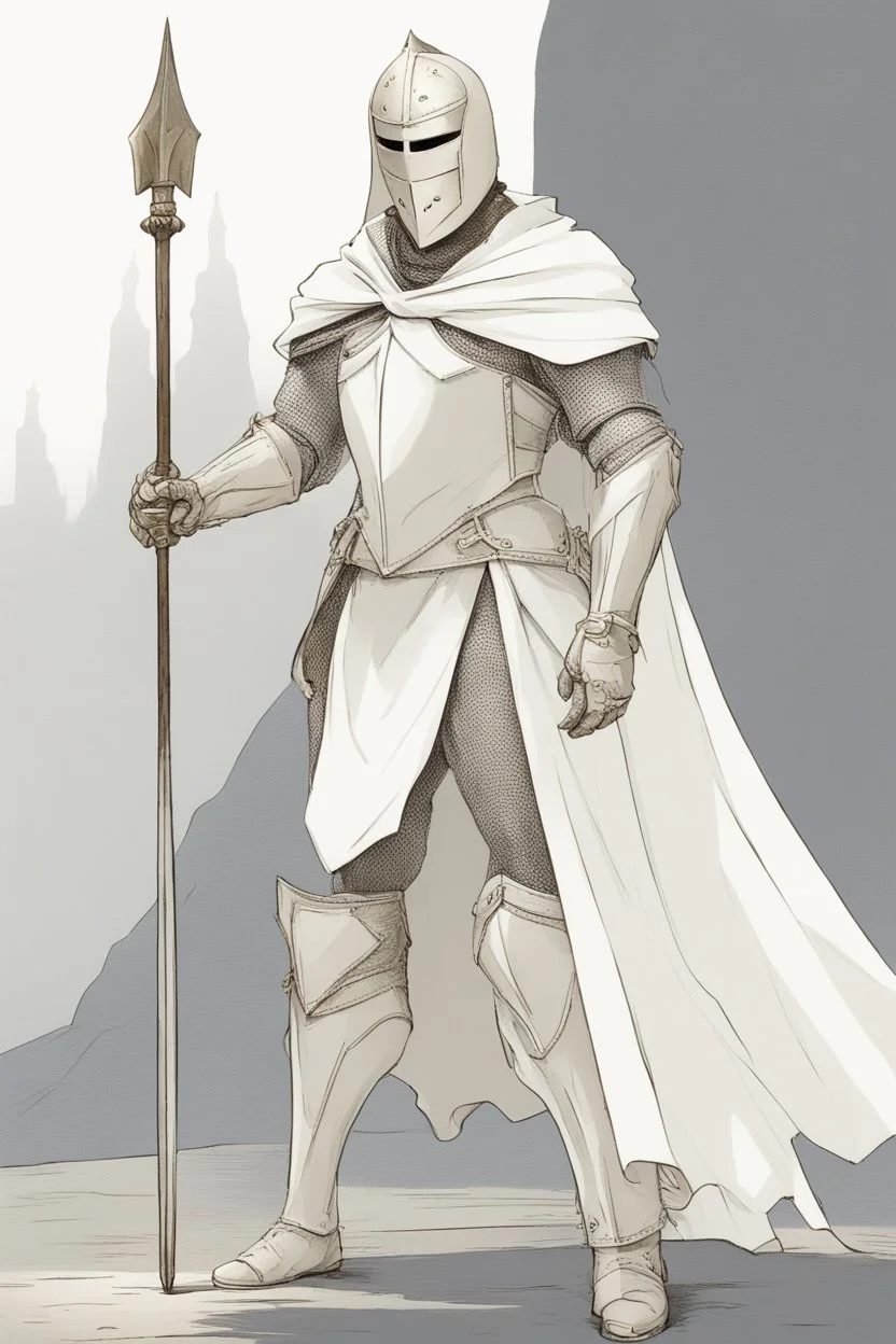 Knight wearing white half armor and white cape with white mask, holding a spear