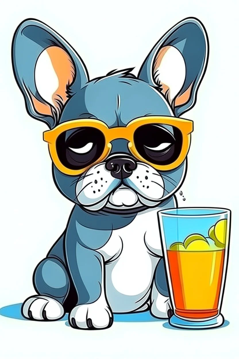 french bulldog in sunglasses drink cocktail cartoon