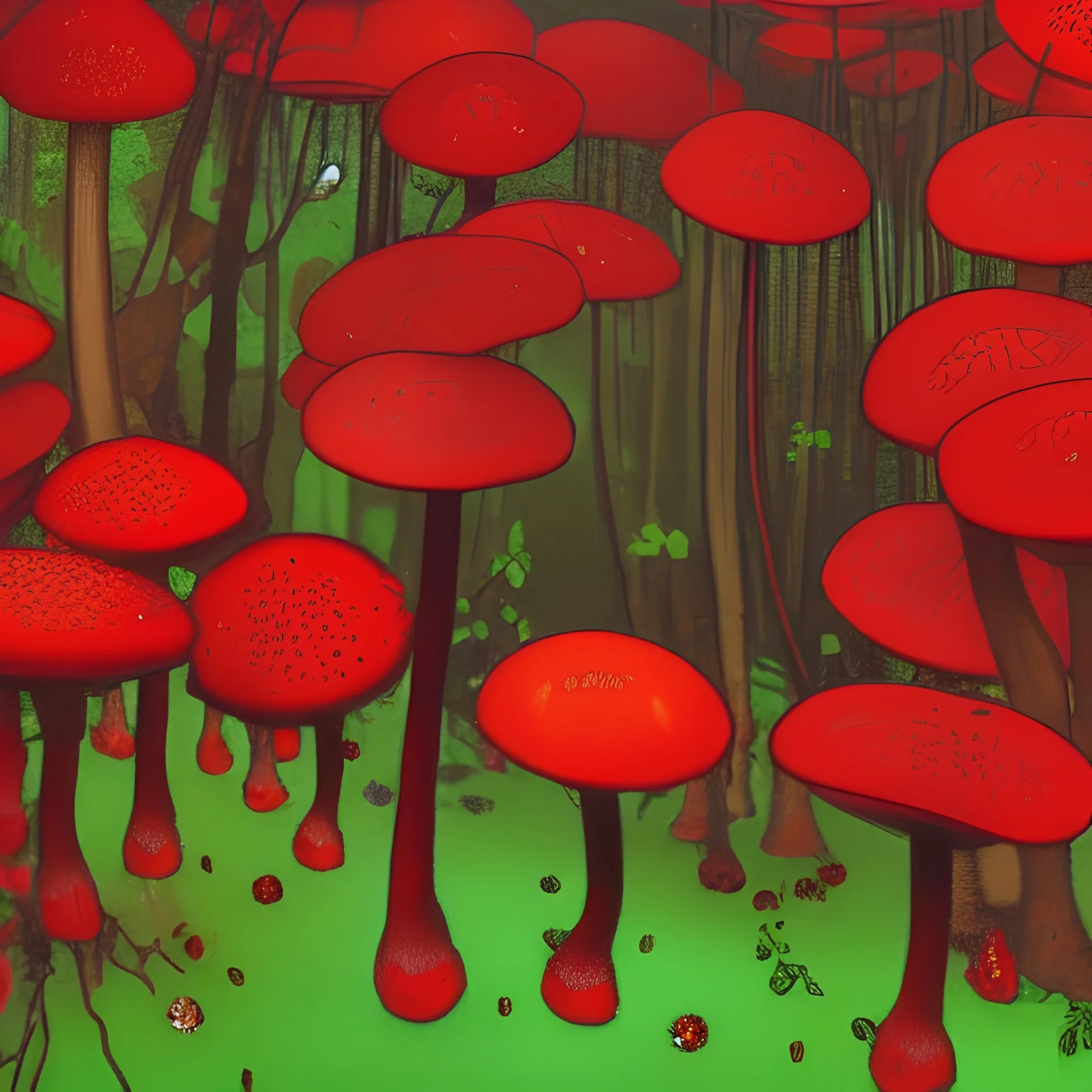 bright red mushrooms with white dots on heir heads on green moss in a misty dark green forest alphons mucha style