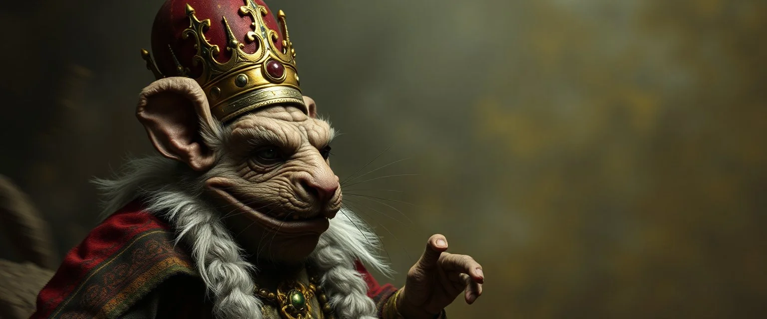 king troll mouse rabbit in style of Rembrandt and Fallout 4, with motion blur