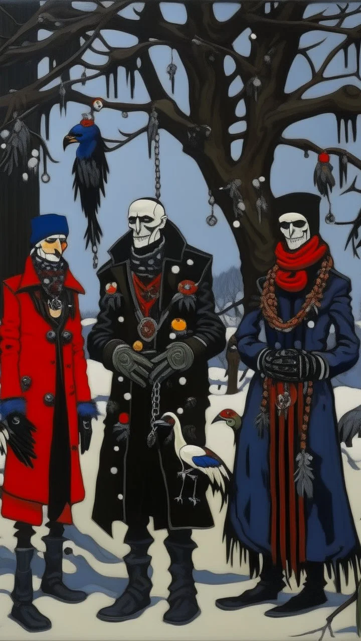 An oil painting by Matisse and Jakuchu of a human-like family of crows adorned in a punk leather jacket within a snowy Christmas atmosphere.