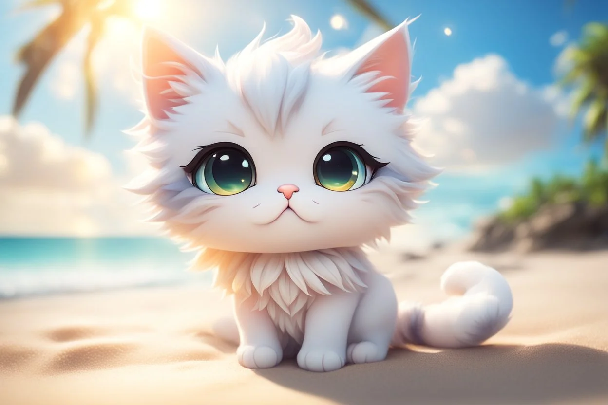 cute anime chibi cat on a tropical beach in sunshine Weight:1 heavenly sunshine beams divine bright soft focus holy in the clouds Weight:0.9