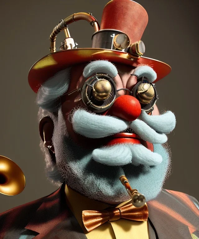 mechanoid old friendly fat clown with trimmed beard playing jazz with a steampunk theme, trumpet, realistic