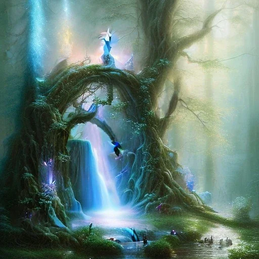 romantic fantasy spray painting, upper body of ultra cute blonde robed mist sitting on huge marble throne, torch in winding magical forest with waterfall