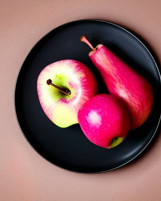 Pink Apple and red pear on a black dish