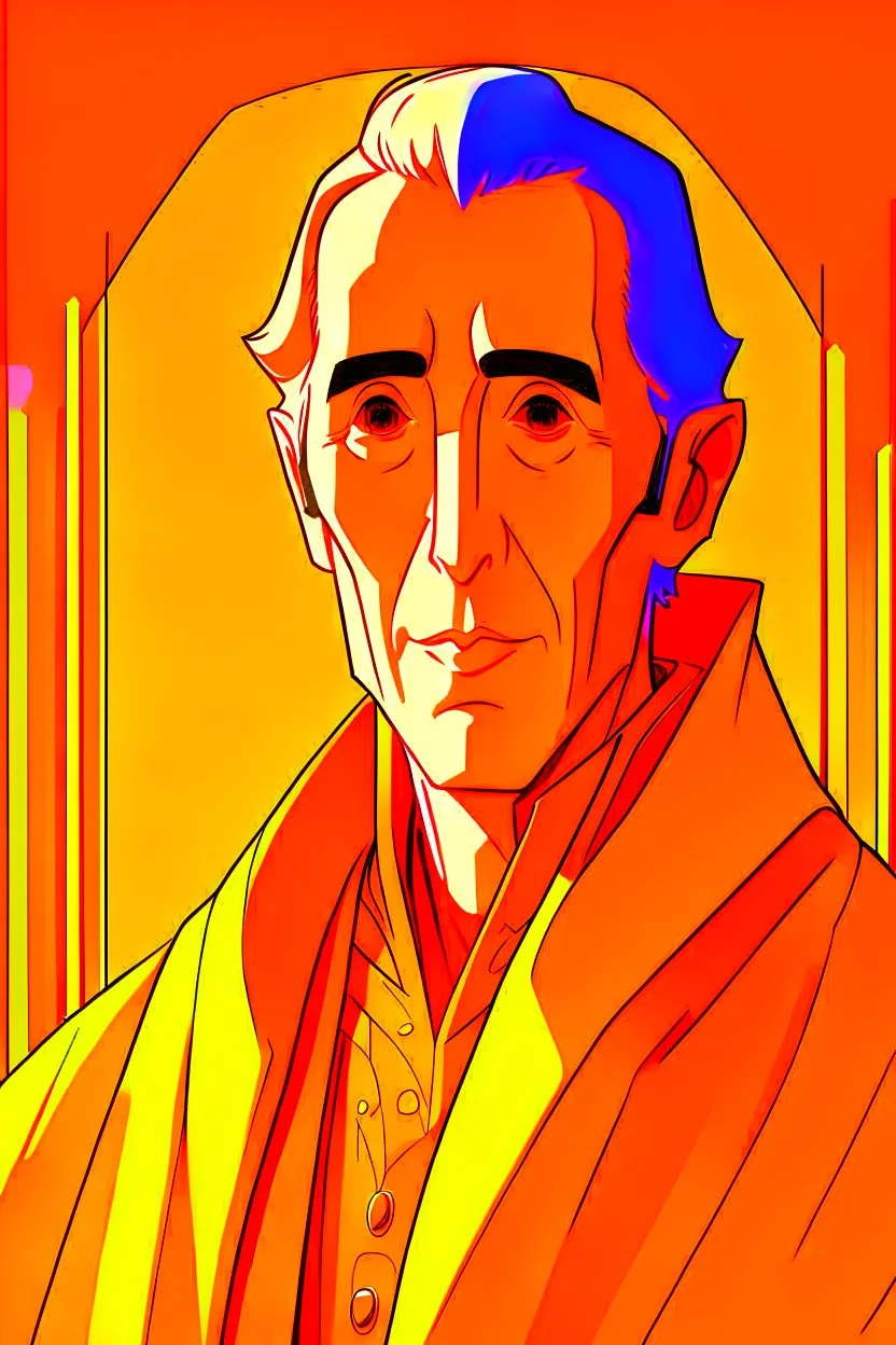 A portrait of Christopher Lee in his thirties as an elf mage, dressed in an expensive orange medieval shirt, in the style of Genndy Tartakovsky