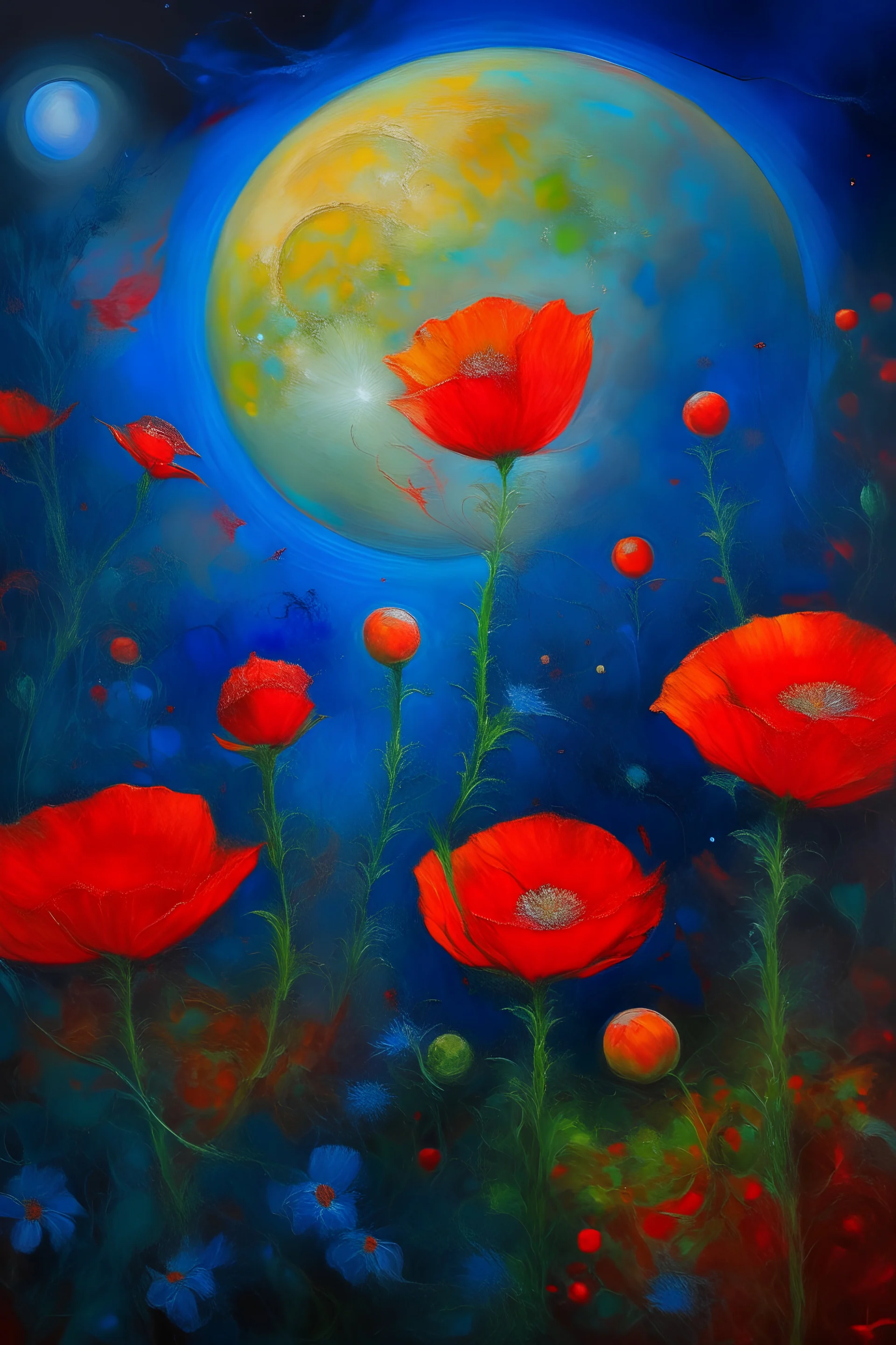 "Capture the essence of a celestial garden, where otherworldly flowers bloom under cosmic skies, in a mesmerizing oil painting. Larger more bright orange red moon