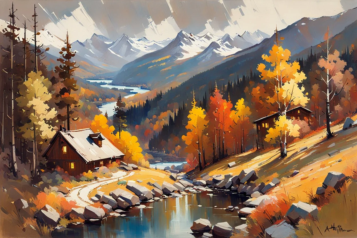 An aerial view of a rustic chalet overlooking a winding, boulder strewn river valley lined with towering cedar and aspen trees painted by Arthur Streeton and Peter Wileman, finely detailed brushstrokes, fine ink outlining, luminous and atmospheric in vibrant Autumn colors