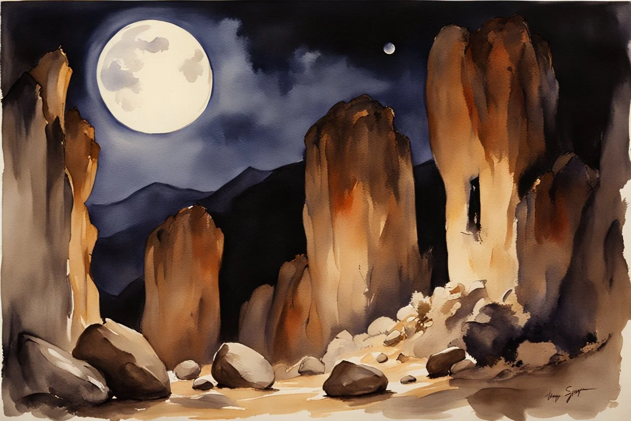 Night, mountains, rocks, gothic horror films influence, john singer sargent watercolor paintings