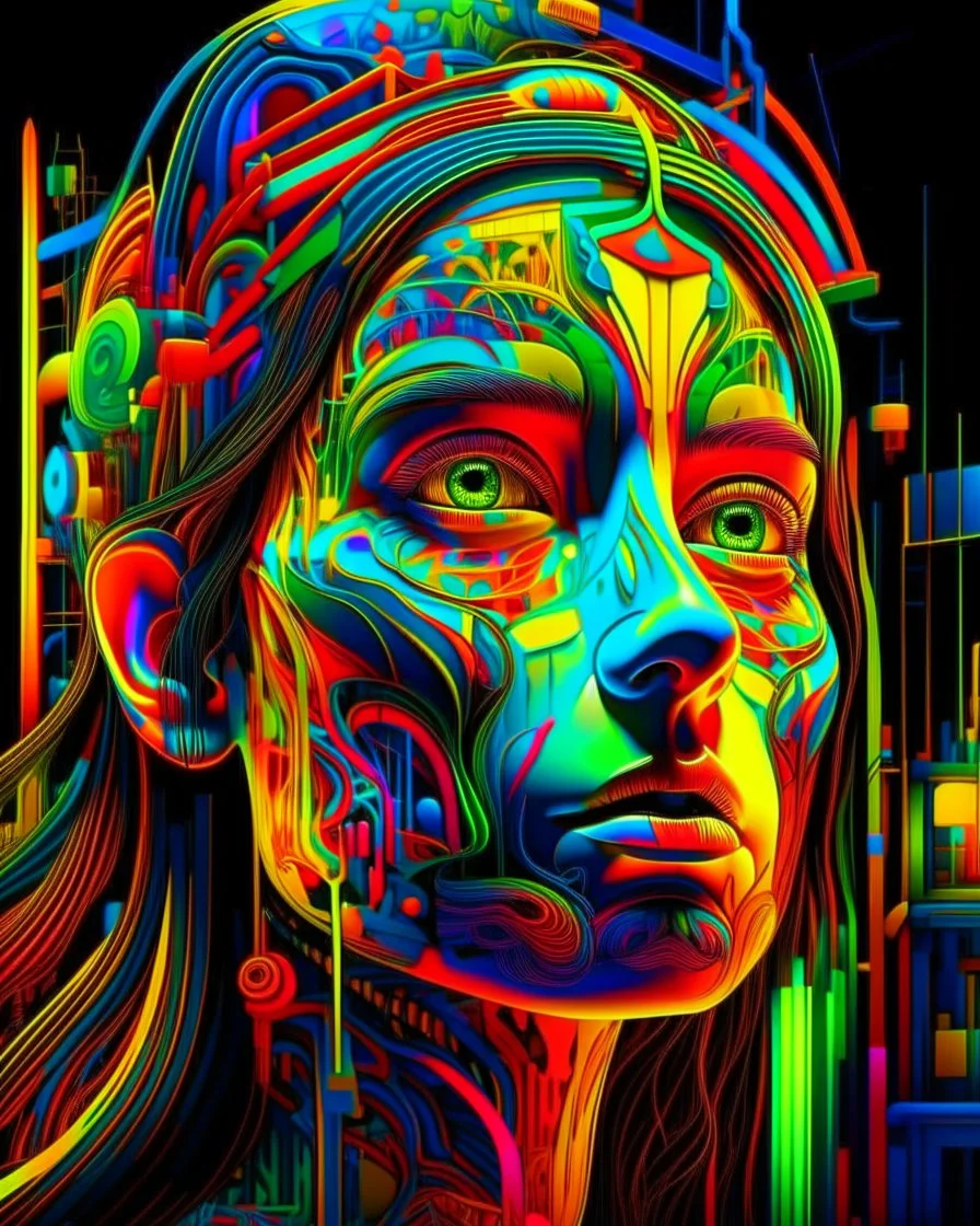 high quality vibrant neons colorful illustration of a front complex woman face head mixed with a chemical plant (detailed eyes, nose, mouth , neck), surreal, visible brain, made of recycled colored objects all around and inside of head, dark industrial interior background , 4k, HDR, UHD, all in focus, clean, no grain, concept art