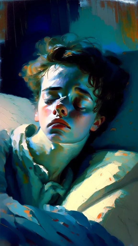 impressionism-style painting of someone trying to sleep but can’t because of dreams