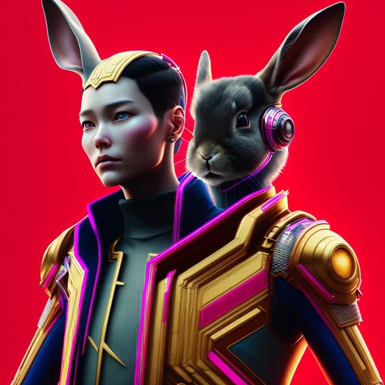 MCU Portrait, Front image. cyberpunk Asian woman, pink short hair. rabbit mask, latex suit. Red, black, gold, color. Punk style. Gradient background, highly detailed, concept art, smooth, unreal engine 5, god rays, ray tracing, RTX, lumen lighting, ultra detail, volumetric lighting, 3d, finely drawn, high definition, high resolution.