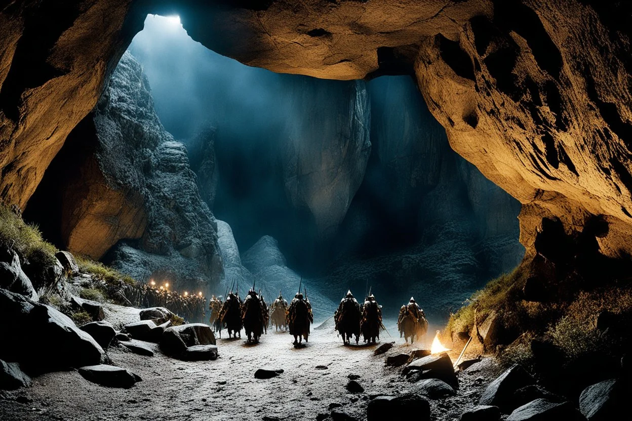 [high res photo from the Lord of The Ring movie (JRR Tolkien)] the entry of a cave in the mountain, during the night, orc warriors are guarding the entrance, observed from behind a rock