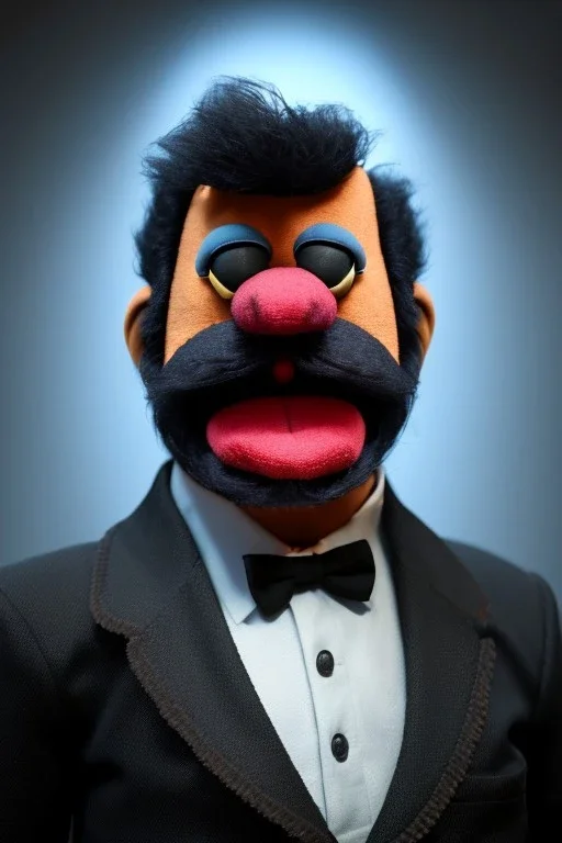 Waist up muppet Portrait, Nicolas maduro as muppet doll, black mustache and hair, black suit, photo studio, blue background, unreal engine 5, concept art, art station, god lights, ray tracing, RTX, lumen lighting, ultra detail, volumetric lighting, 3d.