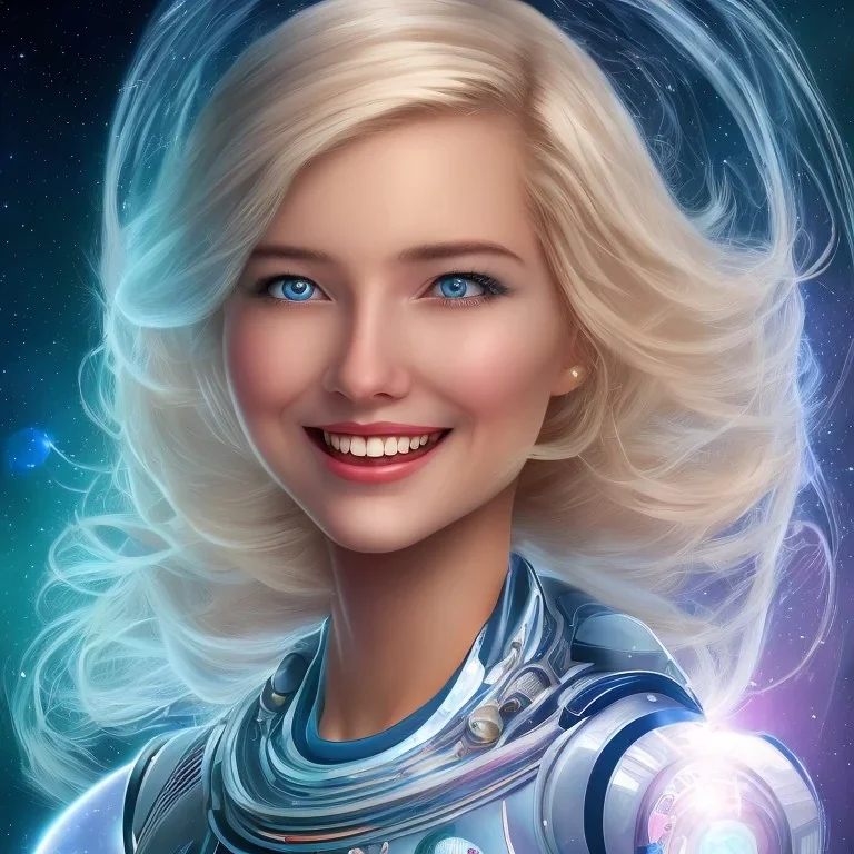 A beautiful portrait of a young galactic woman with a smile blonde hair with a little clear helmet in a galactic suit in cosmos blue