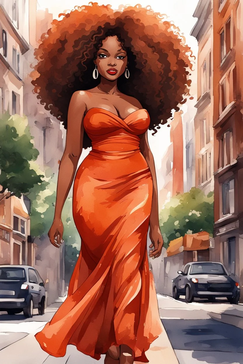 Create a watercolor cartoon image of a curvy black female walking thru the city streets wearing a burnt orange off the shoulder maxi sundress. Prominent make up with brown eyes. Highly detailed tight curly black shiny afro