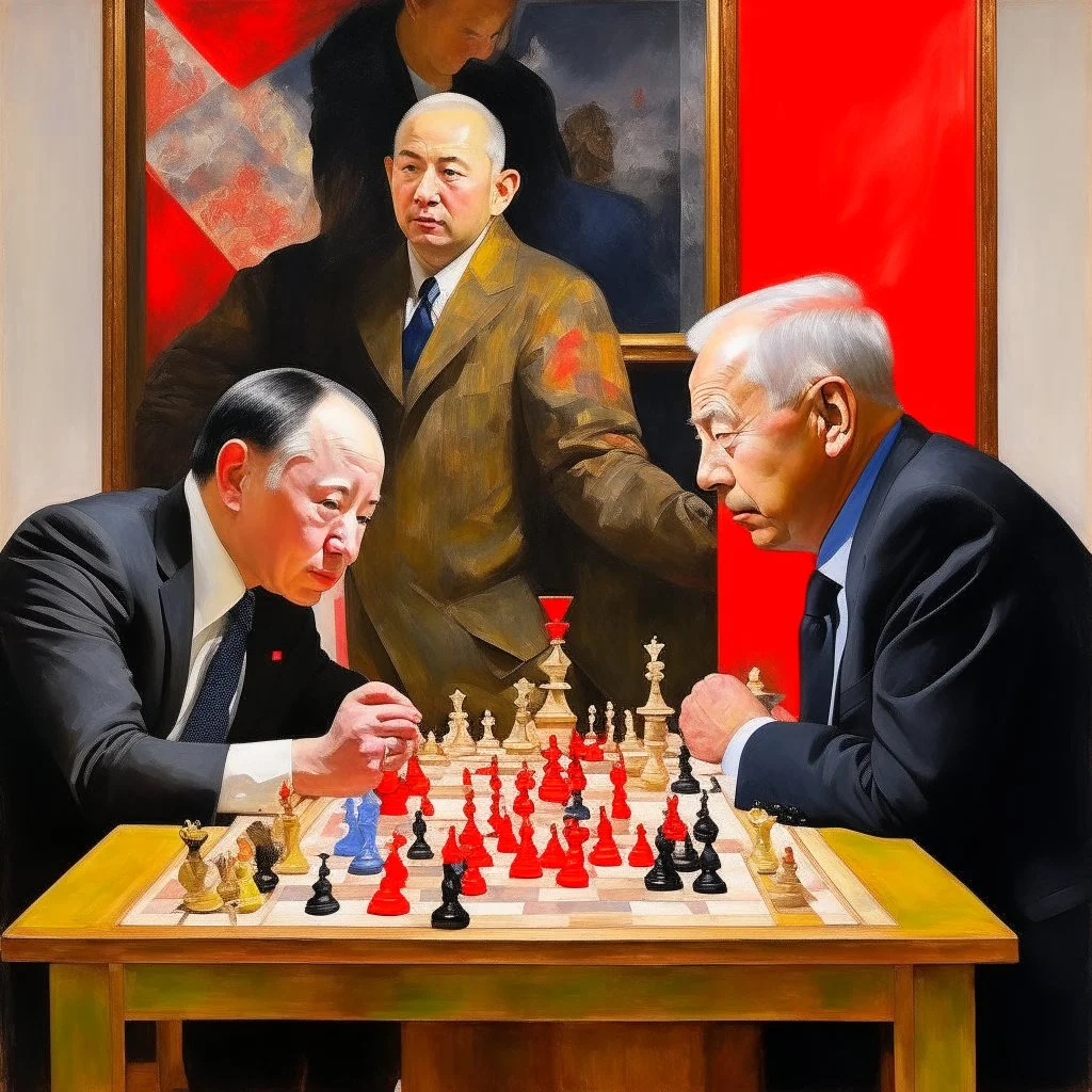 Putin, President Xi Of China And Joe Biden Play Chess With A Pigeon,Ufo And Atomic Bomb Mushroom Cloud,Complex Surgical Instruments Intermixed With A Newborn Boy,Minimalism,Painting By Adrian Ghenie,Rene Magritte,Pablo Picasso,Michelangelo,Salvador Dali,Lucian Freud