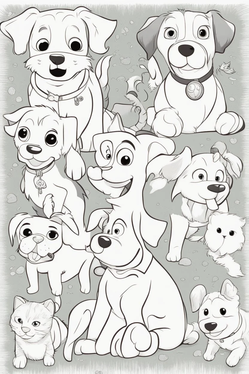 colouring book cover, simple picture for toddlers, pets: dogs, kitties, disney and pixar style