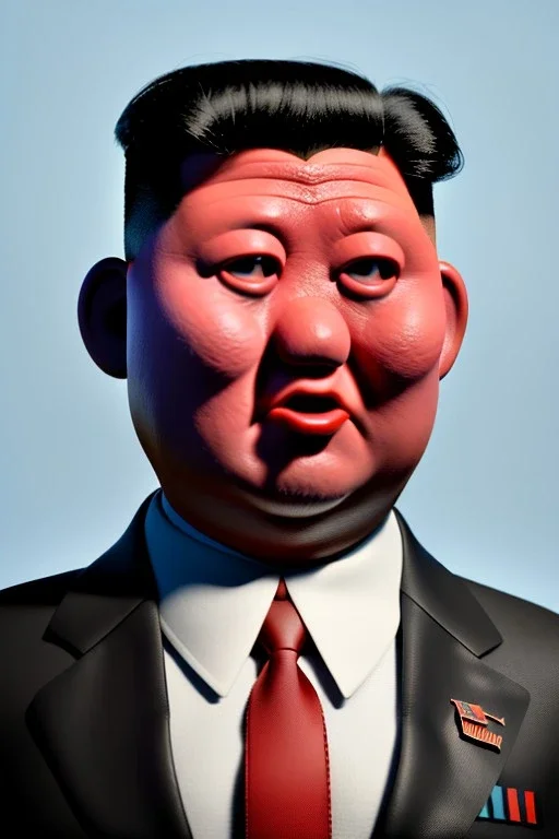 Waist up muppet Portrait, Kim Jong-un muppet doll, black suit, photo studio, red background, unreal engine 5, concept art, art station, god lights, ray tracing, RTX, lumen lighting, ultra detail, volumetric lighting, 3d.