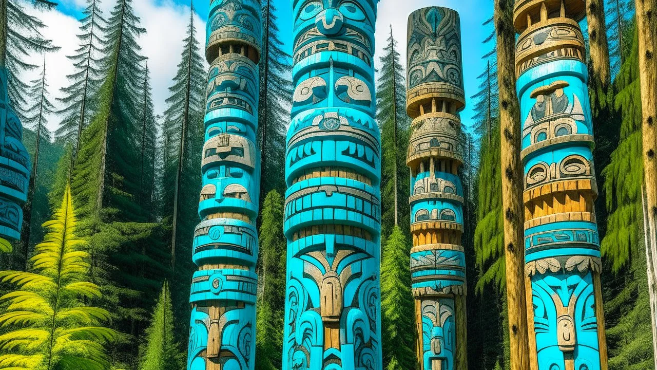 A cyan forest in the sky filled with Pacific Northwest Totem Poles designed in German folk art