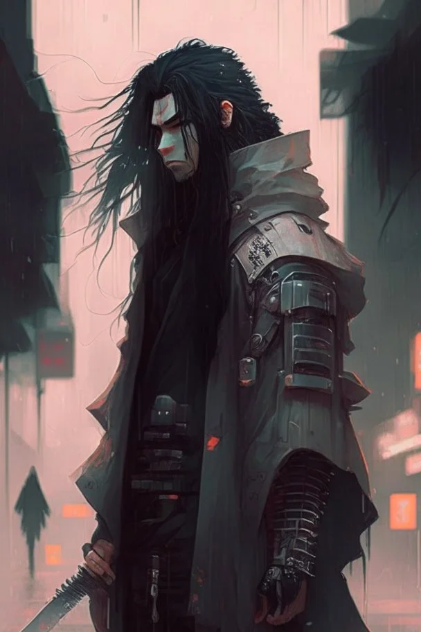 Street samurai, black hair, long hair, cybernetic eyes, standing in mists, male, dark art, Ivory Peach skin, cute, Cyberpunk