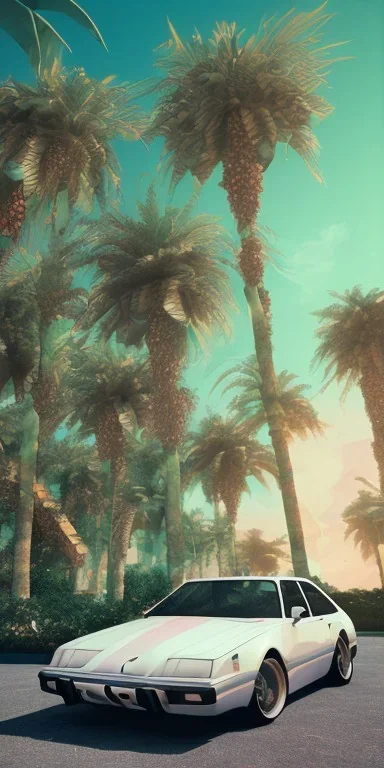 1980's aesthetic vaporwave palm trees with spheres and car