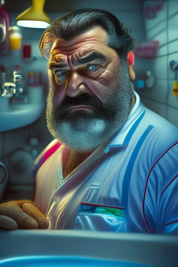 portrait photography, strong burly chubby ugly 53-year-old turkish gas station worker in public toilets washing hands at the sinks in dirty opened shirt and gas station uniform, bulge, beard, bullneck, hyperrealistic, photographic, high detailed, 35mm lens, strong side neon light, ambient occlusion