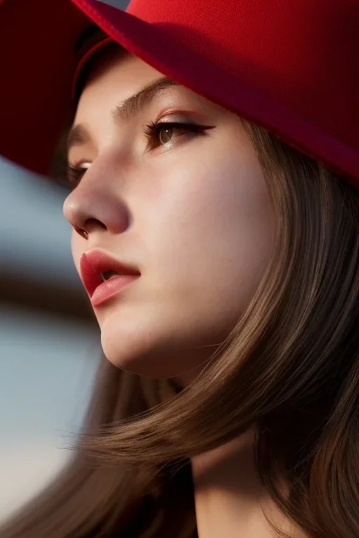 Mystery girl, red hat, head bowed. She has beautiful eyes. Her hair flies in the air., closed eyes, rtx, reflection, 8k, glow, winning photography, caustics