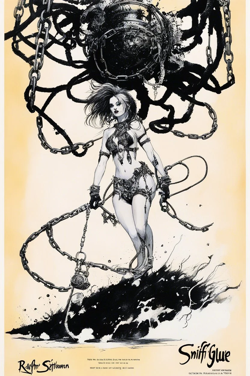 SNIFFIN’ GLUE magazine high res photo cover by Ralph Steadman: special 'boundage with heavy chains for her' issue; guest star : Lilitha Embervein, daughter of the flame-wielding cult of Pyr’Zhar,