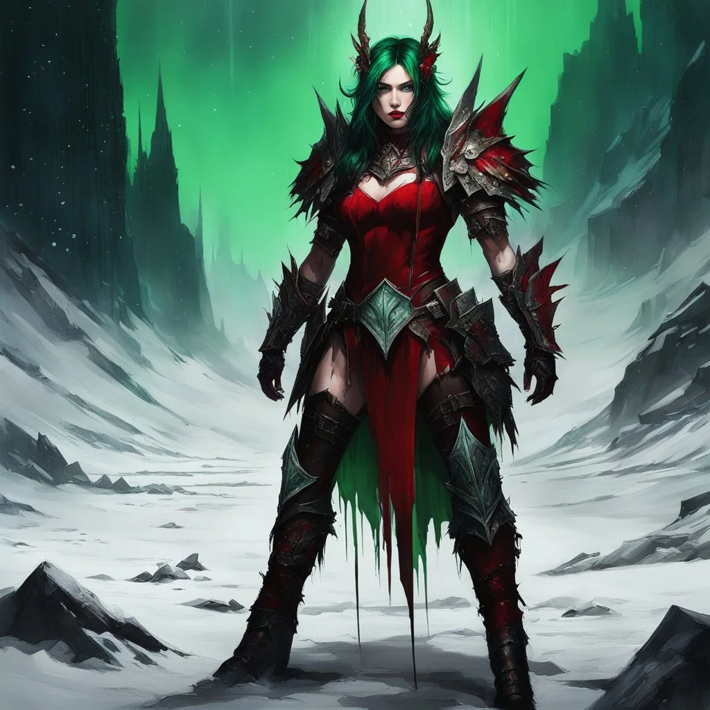 In the ruined North Pole, she stands like a dark deity of destruction, her sharp heels crushing shattered remnants of a forgotten festivity. A muscular faerie, her stripped leather armor stained with blood, her lithe frame wrapped in frayed crimson velvet, the edges dripping with viscous green sludge. Her glowing emerald eyes, full of malice, survey the wasteland as she grips a broad sword in one hand and a jagged candy cane in the other, both weapons dripping with the same toxic ooze. The sky a