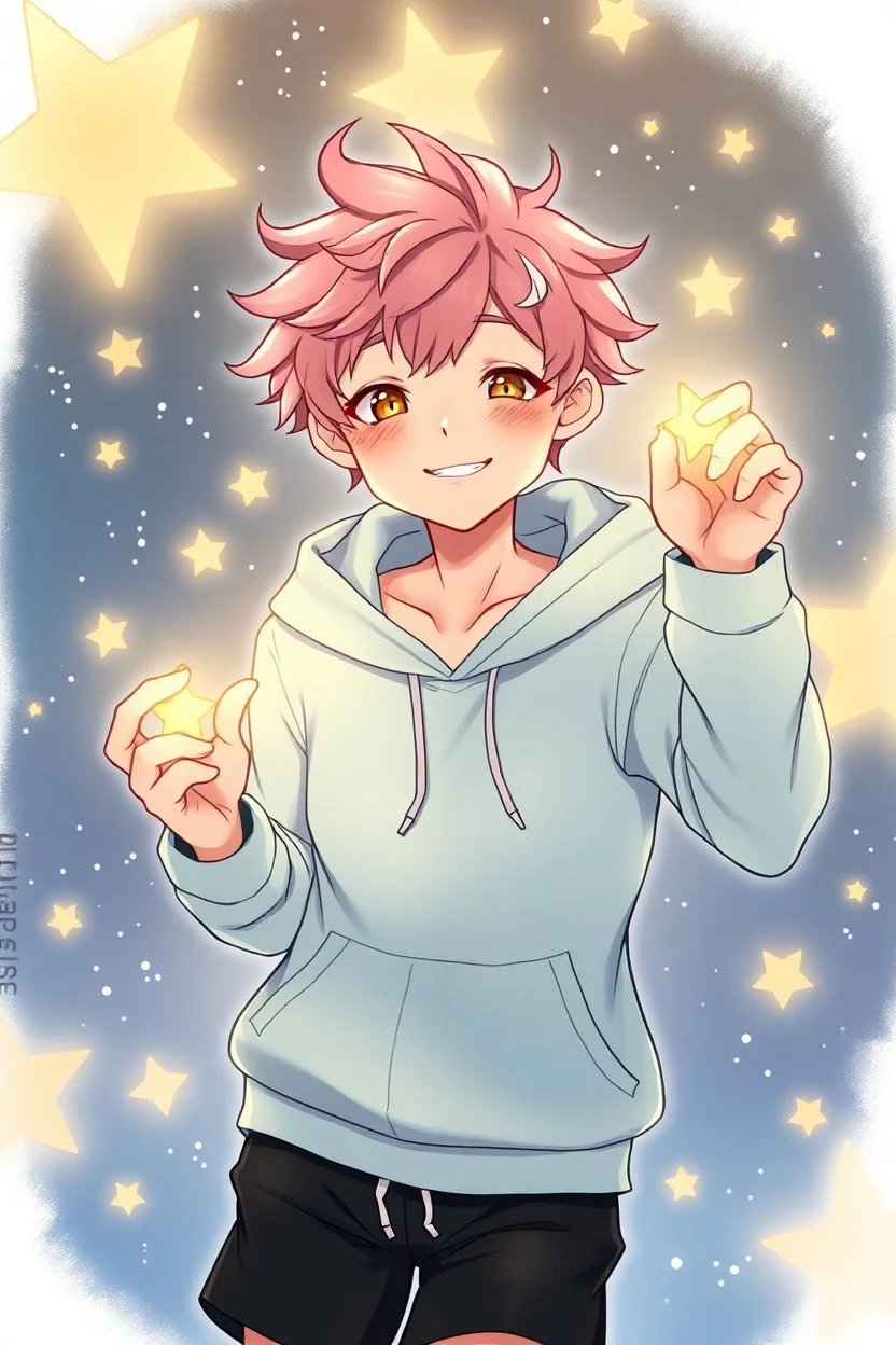 A young man with tousled pink hair and golden eyes floating among the stars wearing a light blue hoodie and black board shorts. He is smiling softly and holding a star in one hand. Photo realistic.